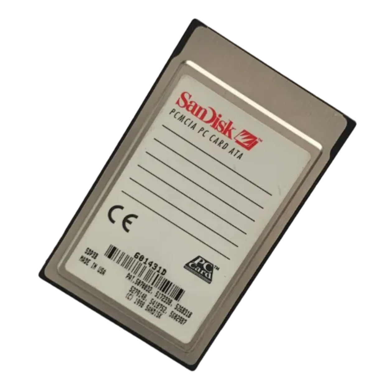 SanDisk 16MB flashdisk PCMCIA PC Card ATA on a white background. Back