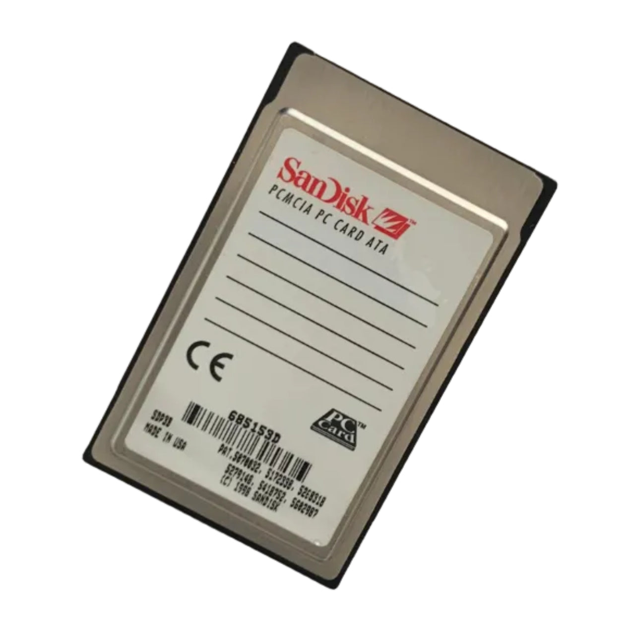 SanDisk 220MB flashdisk PCMCIA PC Card ATA on a white background. Back