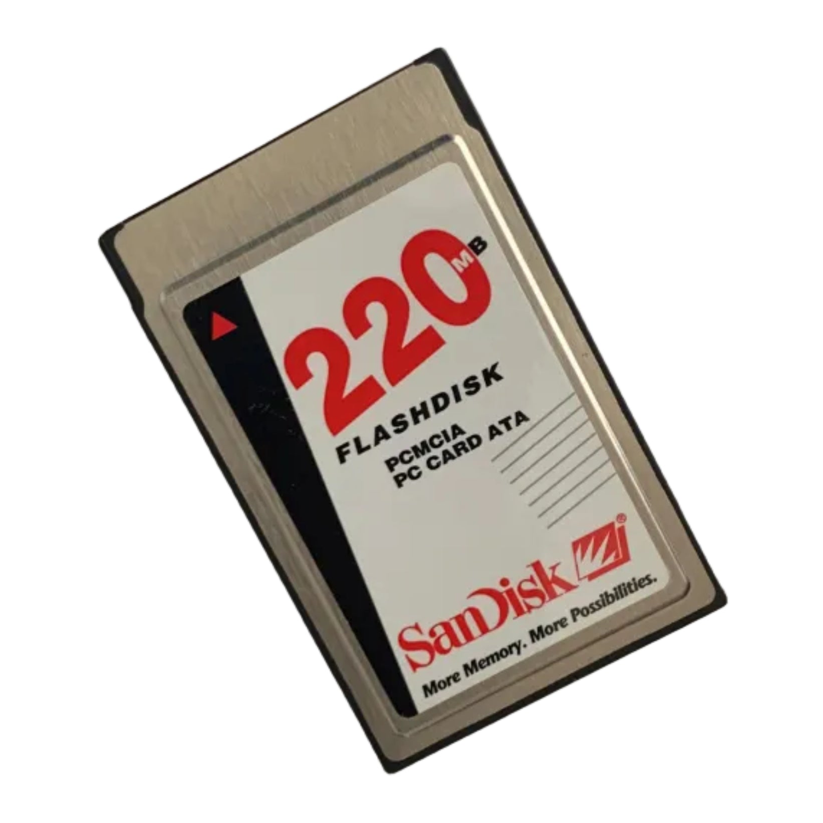 SanDisk 220MB flashdisk PCMCIA PC Card ATA on a white background. Front