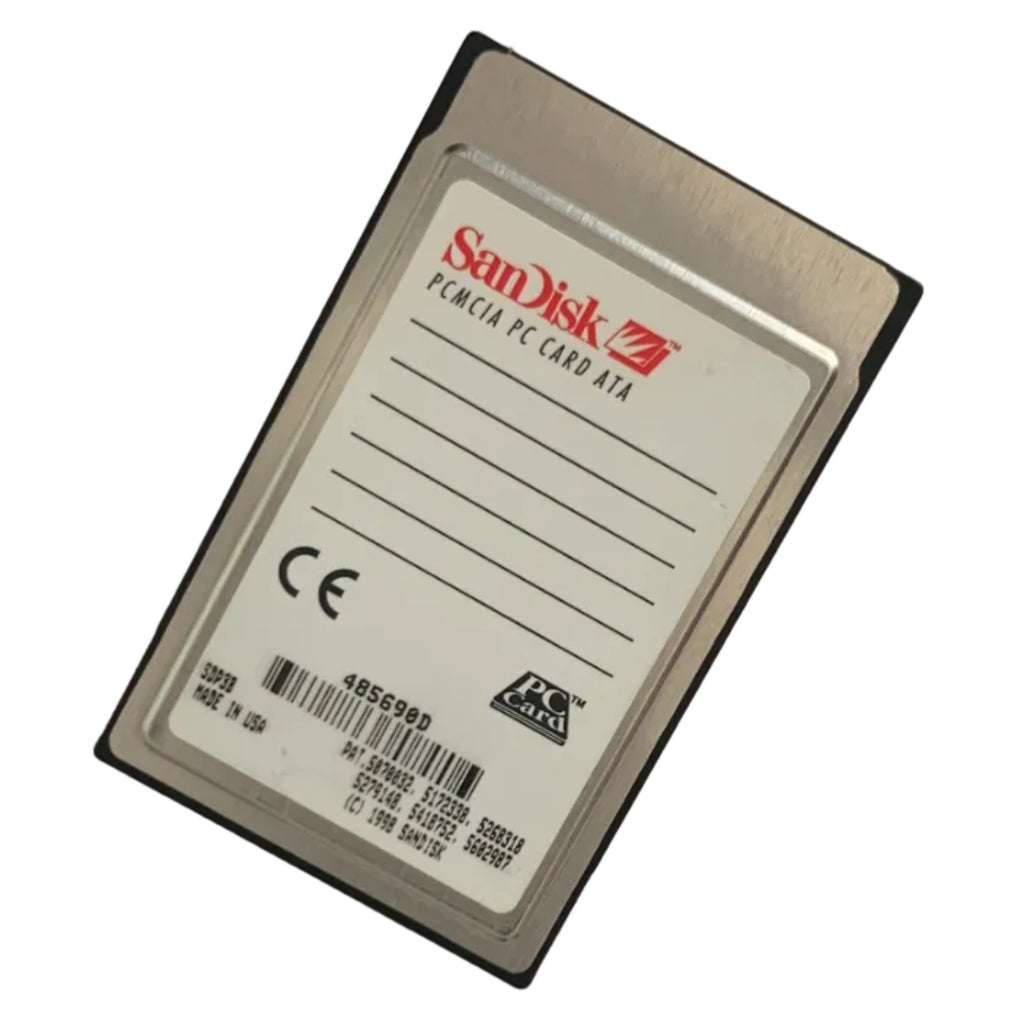 SanDisk 48MB flashdisk PCMCIA PC Card ATA on a white background. Back