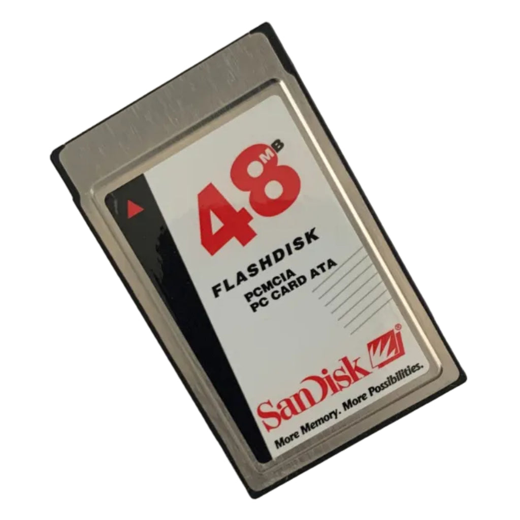 SanDisk 48MB flashdisk PCMCIA PC Card ATA on a white background. Front