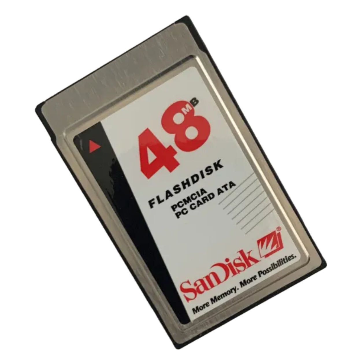 SanDisk 48MB flashdisk PCMCIA PC Card ATA on a white background. Front