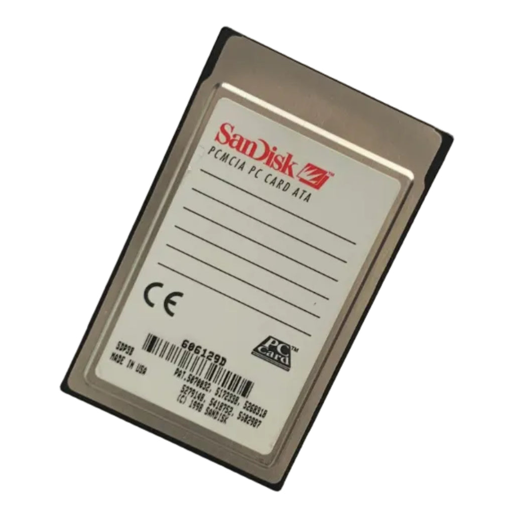 SanDisk 85MB flashdisk PCMCIA PC Card ATA on a white background. Back