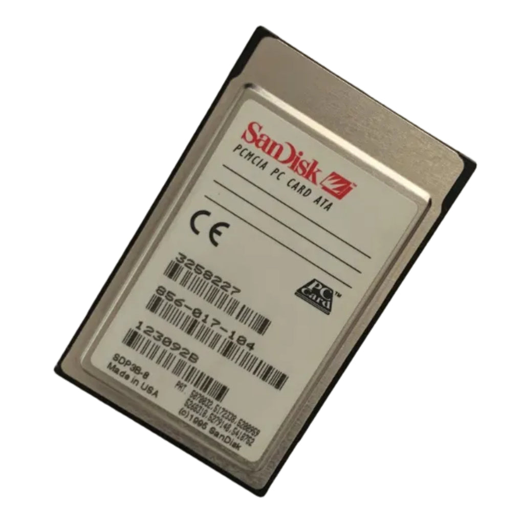 SanDisk 8MB flashdisk PCMCIA PC Card ATA on a white background. Back