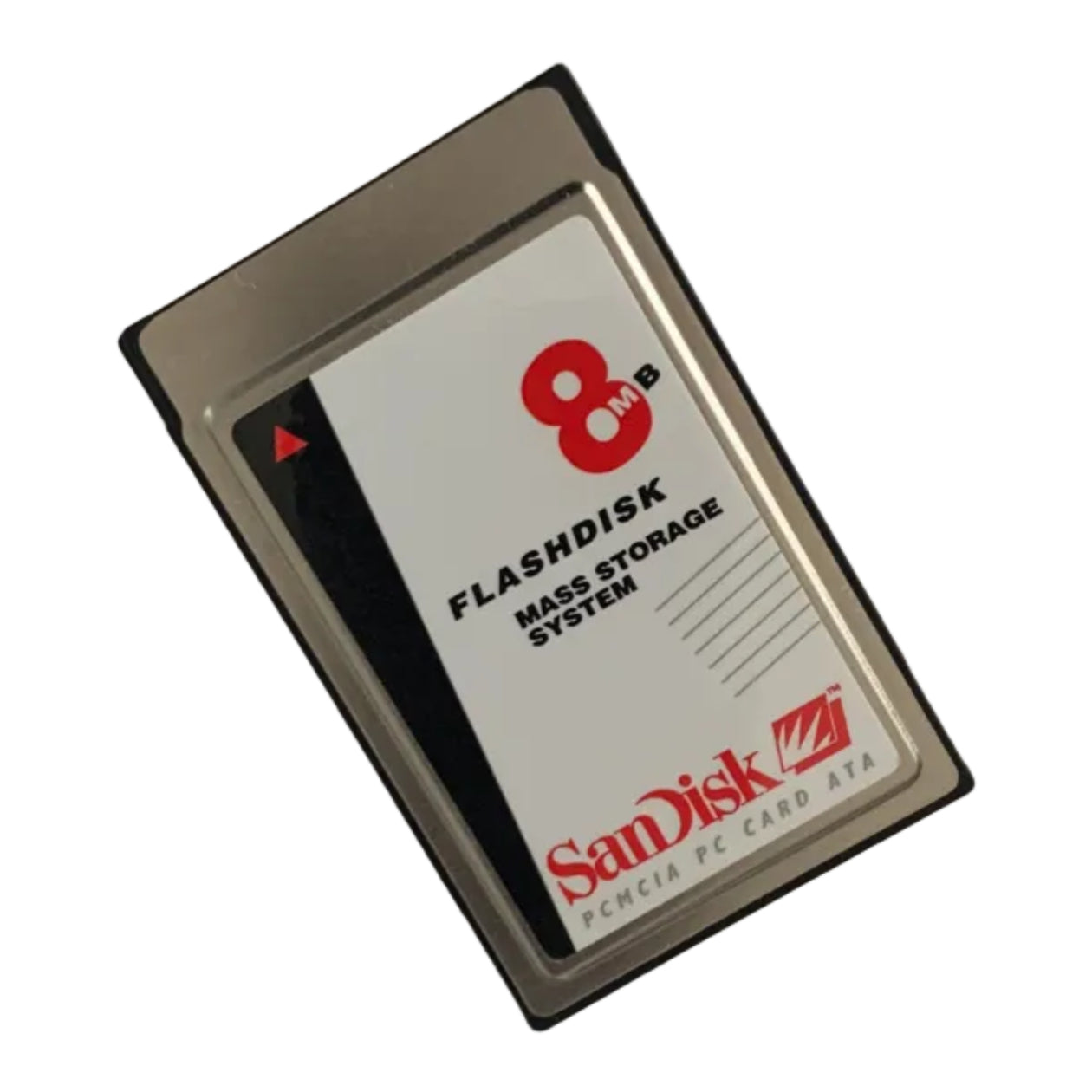 SanDisk 8MB flashdisk PCMCIA PC Card ATA on a white background. Front