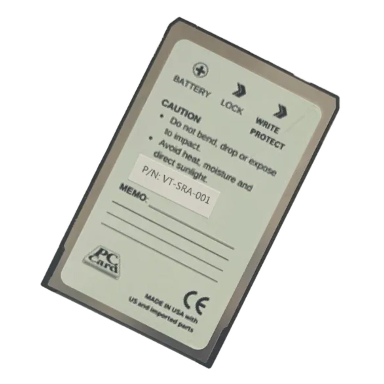 VT-SRA-001 1MB SRAM PCMCIA PC card with label and text . Right.