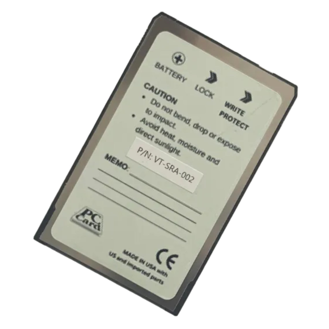 VT-SRA-002 2MB SRAM PCMCIA PC card with label and text . Right.